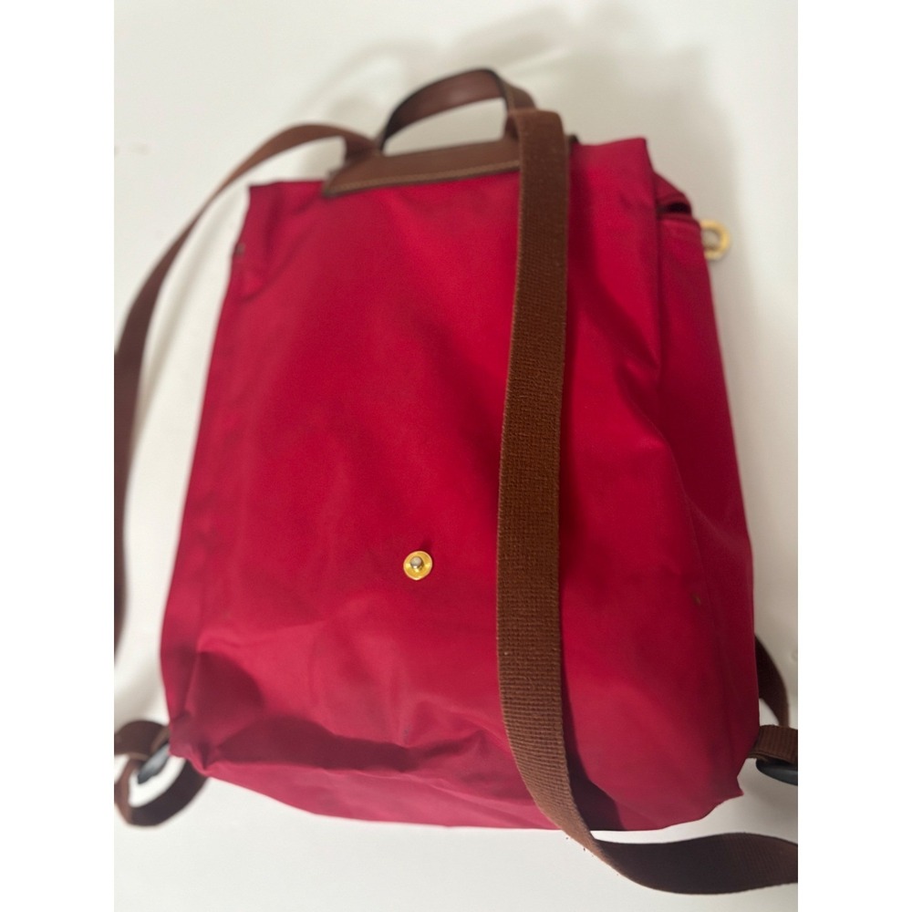 Longchamp Le Pliage Red Nylon Backpack Women Gold Zip Leather Trim STAINED - Picture 7 of 15